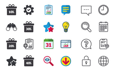 Sale gift box tag icons. Discount special offer symbols. 10%, 20%, 30% and 40% percent discount signs. Chat, Report and Calendar signs. Stars, Statistics and Download icons. Question, Clock and Globe