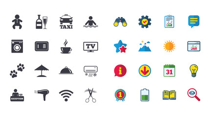 Set of Hotel services icons. Taxi, Wifi internet and Swimming pool signs. Coffee, Wine bottle and Air conditioning symbols. Calendar, Report and Browser window signs. Stars, Service and Download icons