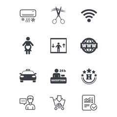 Hotel, apartment service icons. Barbershop sign. Pregnant woman, wireless internet and air conditioning symbols. Customer service, Shopping cart and Report line signs. Online shopping and Statistics