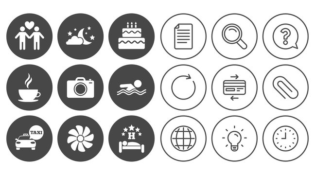 Hotel, apartment service icons. Swimming pool. Ventilation, birthday party and gay-friendly symbols. Document, Globe and Clock line signs. Lamp, Magnifier and Paper clip icons. Vector