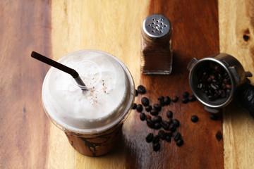 ice coffee on wood floor , Mocha