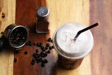 ice coffee on wood floor , Mocha
