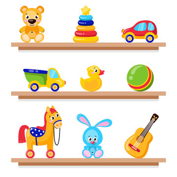 Kids toys on wood shop shelves. Including horse, teddy bear, ball, cubes toys . Vector illustration preschool activity children toys set isolated on white background