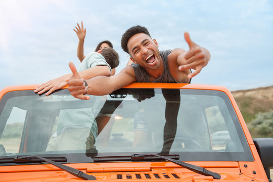 Happy Excited Afro American Man Having Fun Road Trip