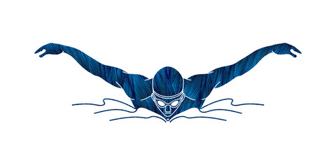 Swimming butterfly, man swimming designed using blue grunge brush graphic vector