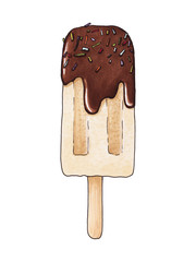 Ice cream with chocolate icing. Hand drawn marker illustration.