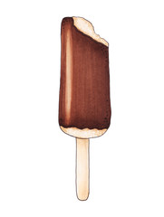 Bitten popsicle with chocolate glaze. Hand drawn marker illustration.