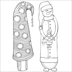 Cheerful snowmen and christmas tree. Winter, snow, trees, carrot. Merry Christmas, Happy New Year. Pattern for coloring book. Black and white.