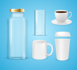 Realistic Cup, Can and Bottle Set for Liquid Beverage Product. Vector