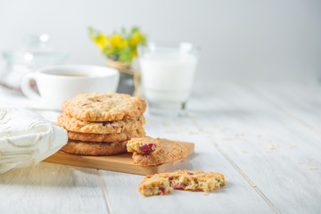 Breakfast with some milk and oatmeal cookies