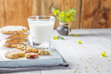 Breakfast with some milk and oatmeal cookies