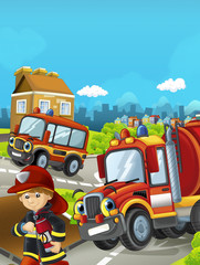Cartoon stage with different cars for firefighting and fireman - colorful and cheerful scene / illustration for children