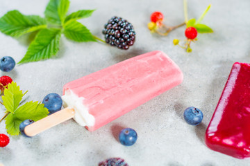 Fresh summer wild blueberries,  brambleberry, strawberry and home made yogurt ice cream popsicles on stone plate