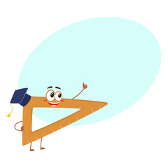 Cute and funny school angle ruler with smiling human face showing thumb up, cartoon vector illustration with space for text. Smiling student angle ruler character, mascot