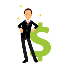 Businessman character leaning on a giant dollar sign, successful financier vector Illustration