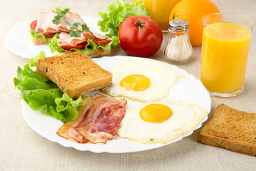 Fototapeta na wymiar Unhealthy breakfast with bacon, eggs,toasts with salad