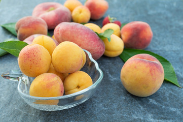 Fototapeta na wymiar Apricot, Raspberry, Peach and Nectarine with Leaves