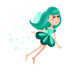 Beautiful fairy with wings, long hair and dress in turquoise colors flying surrounded by sparks vector Illustration