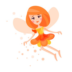 Fototapeta na wymiar Beautiful fairy with wings, long hair and dress in orange red colors flying surrounded by sparks vector Illustration