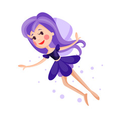Beautiful fairy with wings, long hair and dress in amethyst colors flying surrounded by sparks vector Illustration