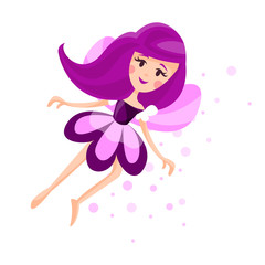 Beautiful fairy with wings, long hair and dress in orchid colors flying surrounded by sparks vector Illustration