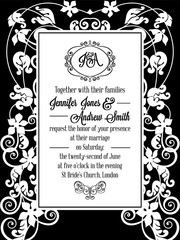 Elegant floral swirls, lacy pattern ornate frame, monogram and place for text. Wedding invitation in classical formal style in black and white.