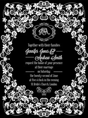 Elegant floral swirls, lacy pattern ornate frame, monogram and place for text. Wedding invitation in classical formal style in black and white.