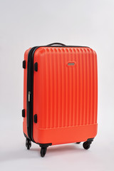 Closed case with baggage isolated. Relocation with packed suitcase. Travelling with modern valise.