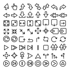 Arrows line icons set, big pack of arrow graphic elements - play, direction, website, mobile app
