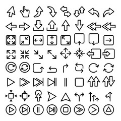 Arrows line icons set, big pack of arrow graphic elements - play, direction, website, mobile app
