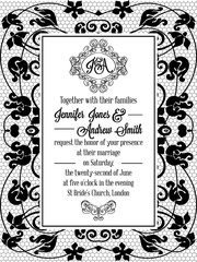Elegant floral swirls, lacy pattern ornate frame, monogram and place for text. Wedding invitation in classical formal style in black and white.