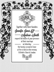 Elegant floral swirls, lacy pattern ornate frame, monogram and place for text. Wedding invitation in classical formal style in black and white.