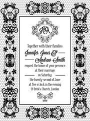 Elegant floral swirls, lacy pattern ornate frame, monogram and place for text. Wedding invitation in classical formal style in black and white.