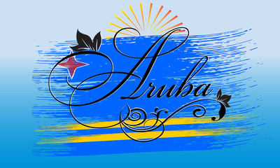 Fototapeta na wymiar Aruba. Calligraphic cursive vintage Aruba lettering inscription with floral ornament on the brush stroke Aruba flag. Vector background for design, prints,emblem, cloth, souvenirs
