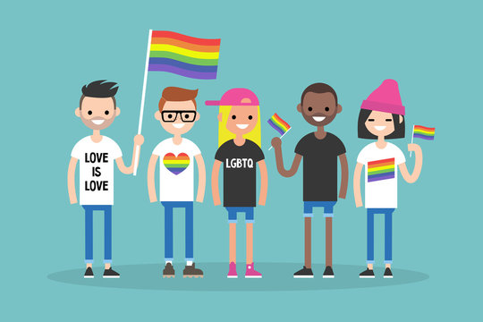 Love parade. A group of people with rainbow flags and symbols. LGBT. LGBTQ.