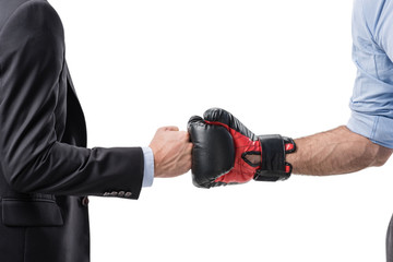 partial view of businessman and boxer shaking hands isolated on white