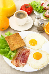 Unhealthy fatty breakfast with cup of coffee with bacon,eggs