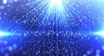 Fototapeta premium Explode particle background/Blue bytes of binary code flying through a vortex, background code depth of field