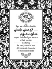 Elegant floral swirls, lacy pattern ornate frame, monogram and place for text. Wedding invitation in classical formal style in black and white.