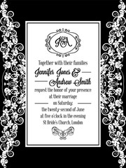 Elegant floral swirls, lacy pattern ornate frame, monogram and place for text. Wedding invitation in classical formal style in black and white.
