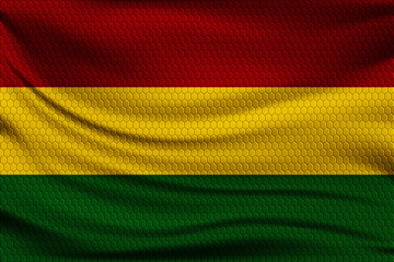 Obraz premium National flag of Bolivia on wavy fabric with a volumetric pattern of hexagons. Vector illustration.
