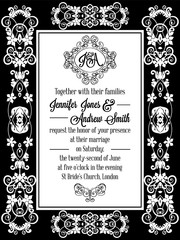 Elegant floral swirls, lacy pattern ornate frame, monogram and place for text. Wedding invitation in classical formal style in black and white.