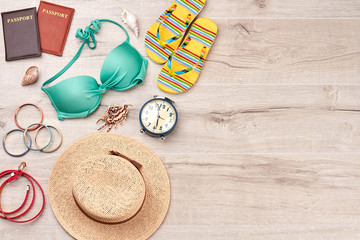 Beach accessories stuff, wooden space. Positive vacation with stylish summer items.