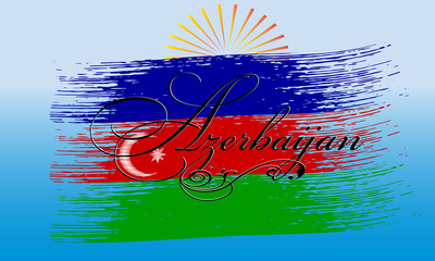 Fototapeta na wymiar Azerbaijan. Calligraphic cursive vintage Azerbaijan lettering inscription with floral ornament on the brush stroke Azerbaijan flag. Vector background for design, prints,emblem, brochure, souvenirs