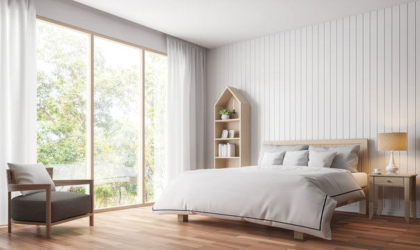 Modern vintage bedroom 3d rendering image.There are wood floor decorate wall with white wooden plank .There are large windows look out to see the nature
