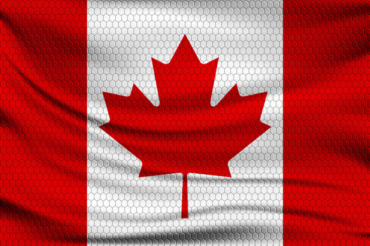 National flag of Canada on wavy fabric with a volumetric pattern of hexagons. Vector illustration.