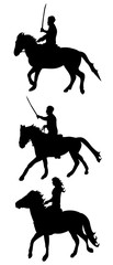 isolated silhouette man riding a horse with a sword, warrior