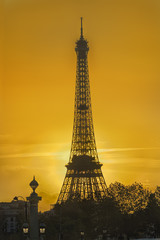 A sunset on the Eiffel Tower viewed from rue de Rivoli