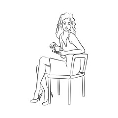 vector black white contour simple illustration of sitting curly girl with cup in the hand