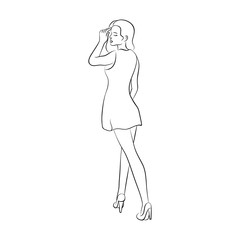 vector black white contour simple illustration of staying girl 